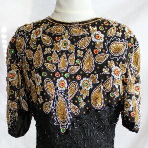 Night Vogue SZ Med 100% Silk Beaded & Sequin Black Evening Dress
